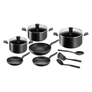 TEFAL Cooking Set | Super Cook 12 pc set | Non-Stick Coating | Thermo-Signal Heat Indicator | Diffusion Base B459SC84 Black 28cm