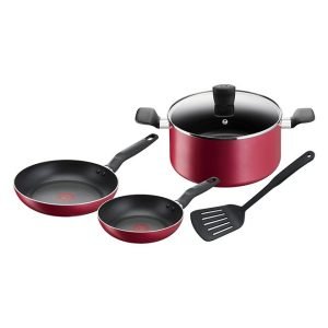 TEFAL Cookware Set of 5 Pieces | Super Cook | Frypans 20/24 cm / stewpot 24 cm+lid / slotted spatula | Non-Stick with Thermo Signal | Aluminium | Black | 2 Years Warranty | B460S584 Red 24cm