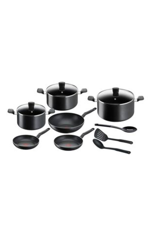 TEFAL Cooking Set | Super Cook 12 pc set | Non-Stick Coating | Thermo-Signal Heat Indicator | Diffusion Base B459SC84 Black 28cm