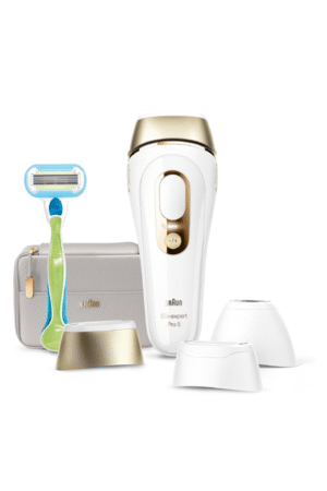 Braun Silk·expert Pro 5, At-Home Laser, IPL Hair Removal Device, Permanent Visible Hair Removal, 1 Standard & 1 Precision & 1 Wide Head & Venus Razor, Gift for Women, PL5257, White/Gold