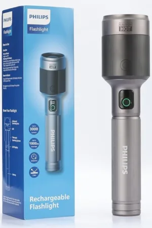 PHILIPS 9000mAh LED Torch Light, 3000LM Flashlight with Telescopic Zoomable, 1000M Coverage, 60W High Power Rechargeable Handheld Flash Light for Indoor, Camping, Exploration, Emergency Lighting