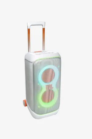 JBL PartyBox Stage 320 Portable Bluetooth Speaker, 240W, 5.4 Bluetooth, 18 Hours Max Playing Time, Splash Proof, Dual Mic & Guitar Inputs, Multi Speaker Connection, With Wheels, White