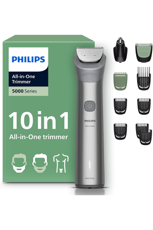 Philips All-in-One Trimmer 5000 Series MG5922/15, 10-in-1 Men's Care Set, Face Hair Body, BeardSense Technology, 120 Minute Use, Waterproof