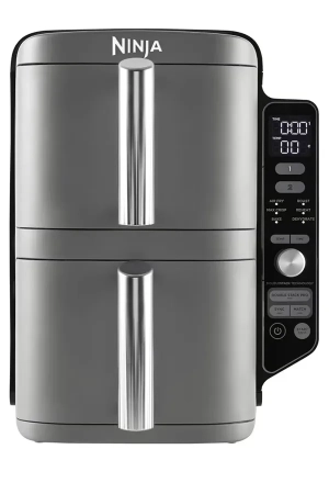 Double Stack XL Air Fryer, Vertical Dual Drawer Air Fryer With 4 Cooking Layers, 2 Drawers And 2 wire Racks, Space Saving Design, 6 Cooking Functions. 9.5 L 2470 W SL400ME/EU Silver
