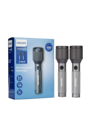 PHILIPS Rechargeable LED Flashlight Torch Pack of 2 | 650 Lumens Brightness | Aircraft Aluminium Alloy Body | Zoom Adjustable Beam 450m Range | 2000mAh Battery | Model SFL2142C2/56 | 2 Year Warranty GREY