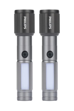 Philips Aircraft Aluminium Alloy Rechargeable LED Flashlight 330 Lumens | 325m Long Range Zoom Torch | 2000mAh Battery | Magnetic Base | SOS & Warning Light Modes | USB Type-C Outdoor Light SFL2153/56 Black & Grey