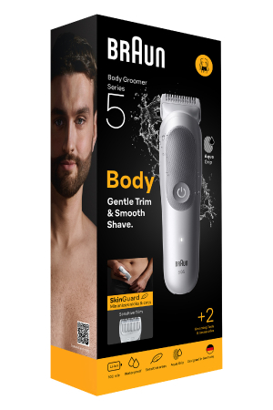 Braun Bodygroomer Series 5, +2 Accessories, Trimming and Shaving for Sensitive Areas, 100 Min Battery Life, with Extra Skin Protection, Waterproof, BG5500, Grey