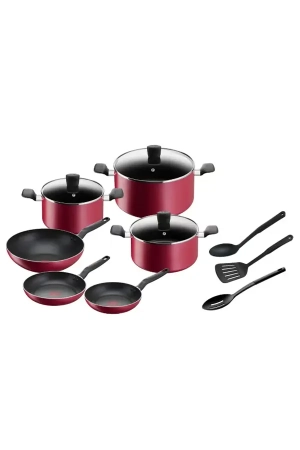 Tefal Super Cook B460SC84 12-Piece Cookware Set – Non-Stick Fry Pans, Wok Pan & Stew Pots with Lids, Thermo-Signal, Red